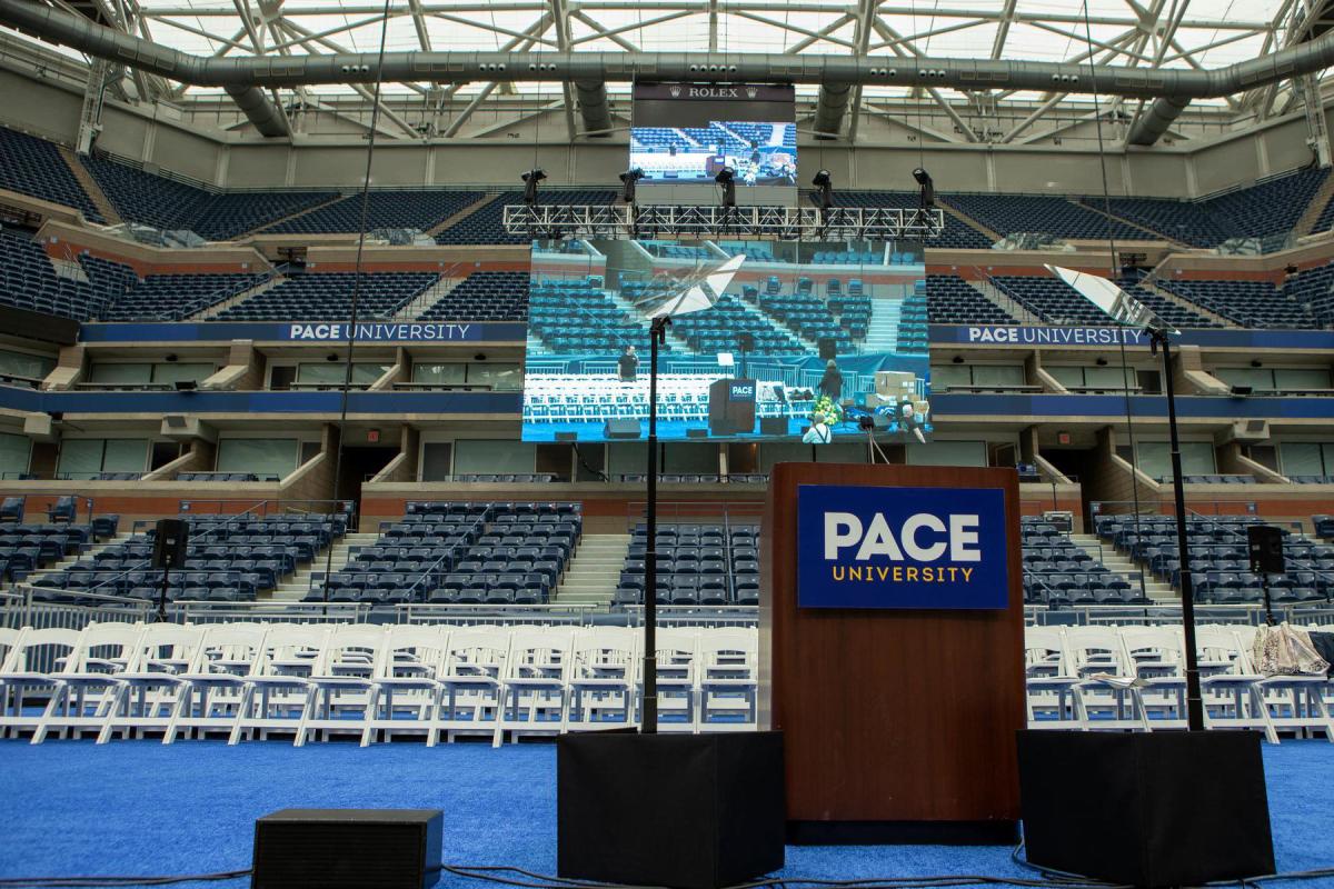 Empty podium at the Commencement Stage.