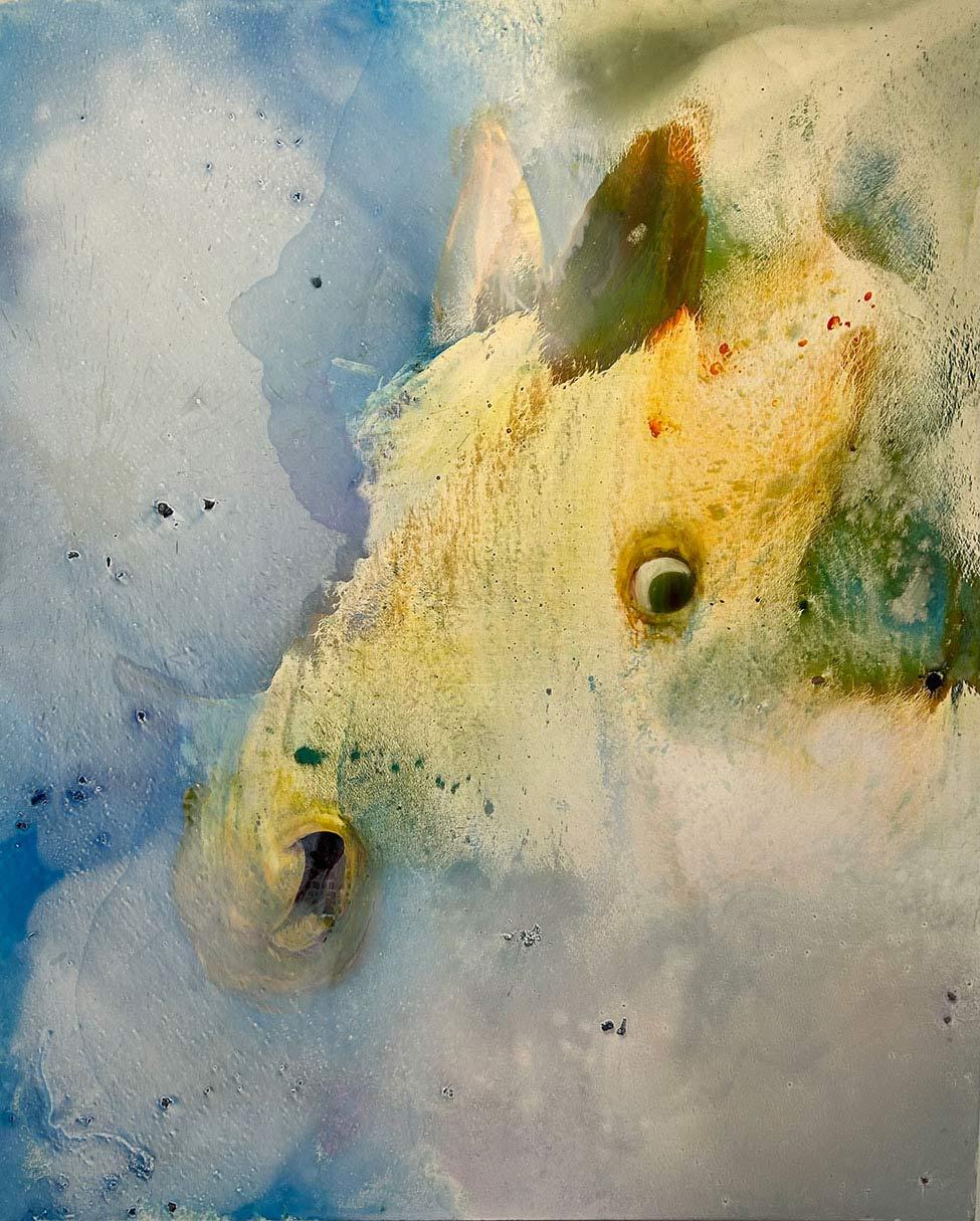 Abstract art with blue and gold called Peripheral Vision by Pace University art faculty Barbara Friedman