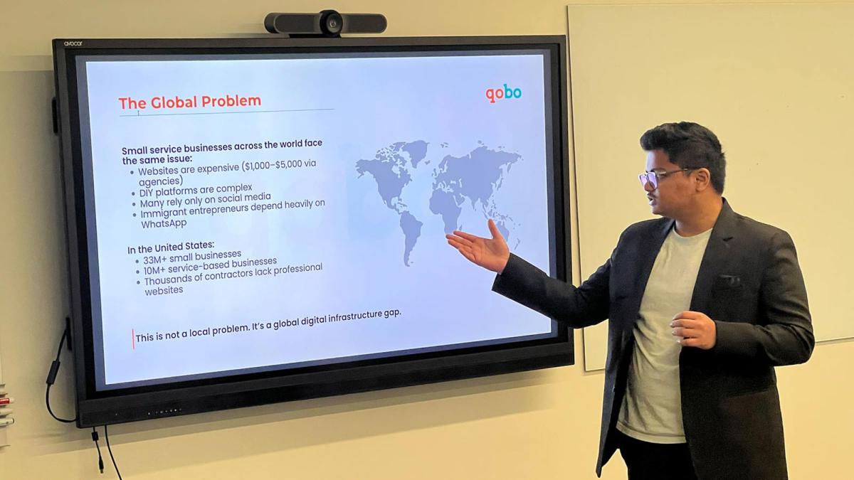 Student explaining global business problem slide