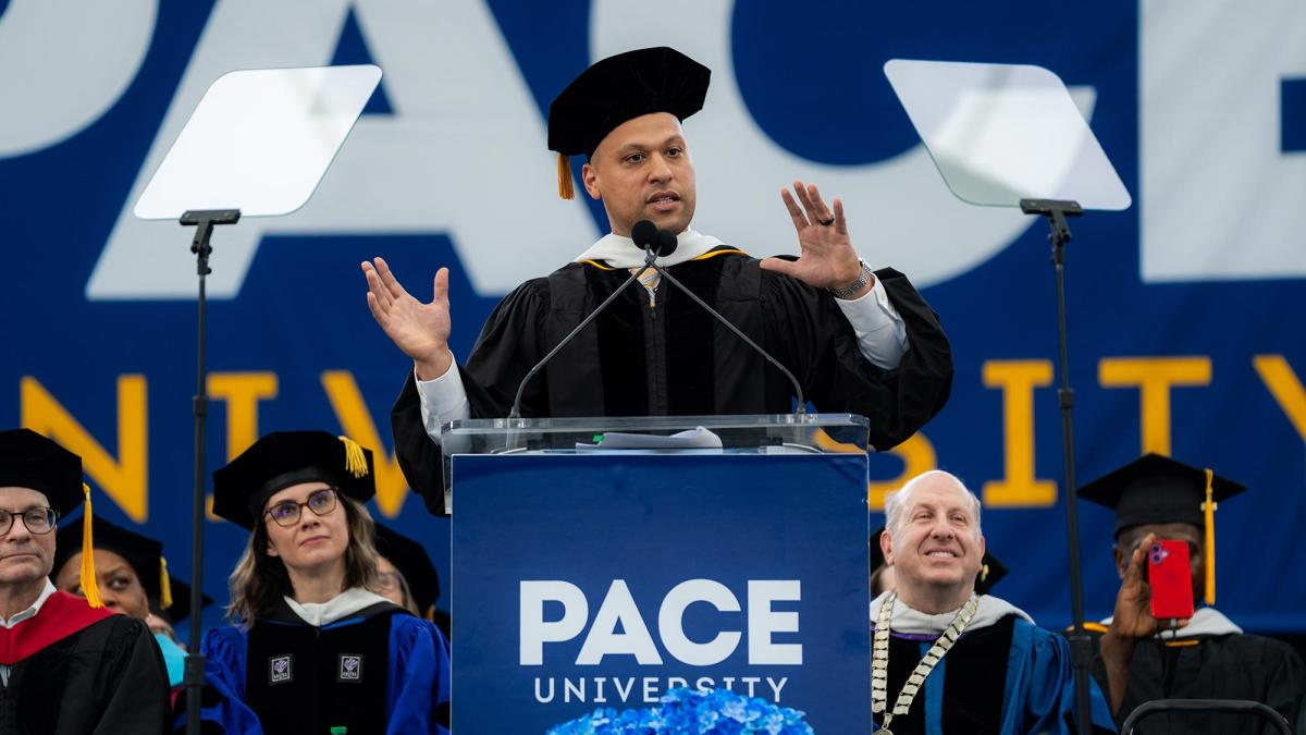 Commencement speaker Pedro Rivera ’12 speaks to Pace University graduates, May 20, 2026