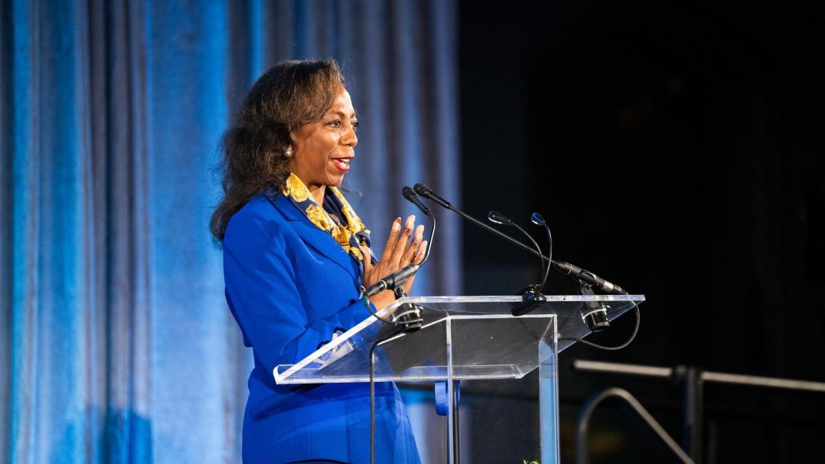 Sabrina McCoy Griffin speaking at the 2026 Spirit of Pace Awards.