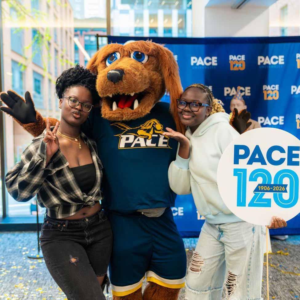Pace students posing with T-Bone at our 120th anniversary celebration.