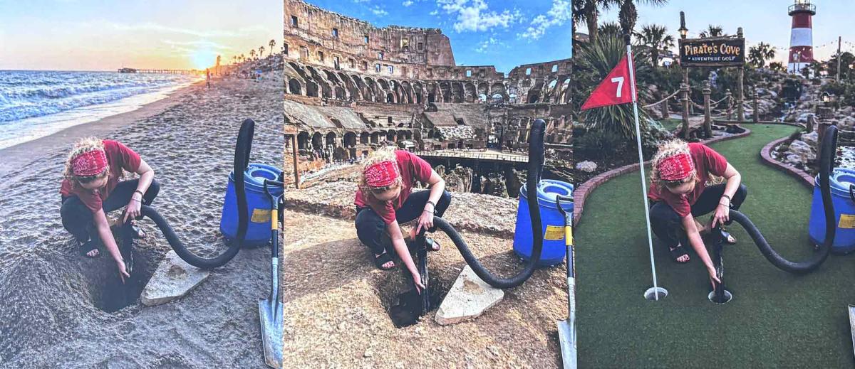 Photo collage of a person using a vacuum in different locations