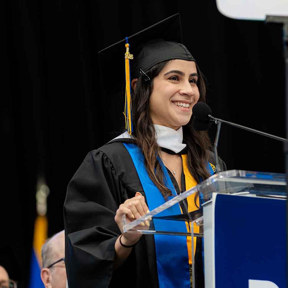 Pace University Commencement 2026 valedictorian Caroline Zanuto-Winter addresses the crowd