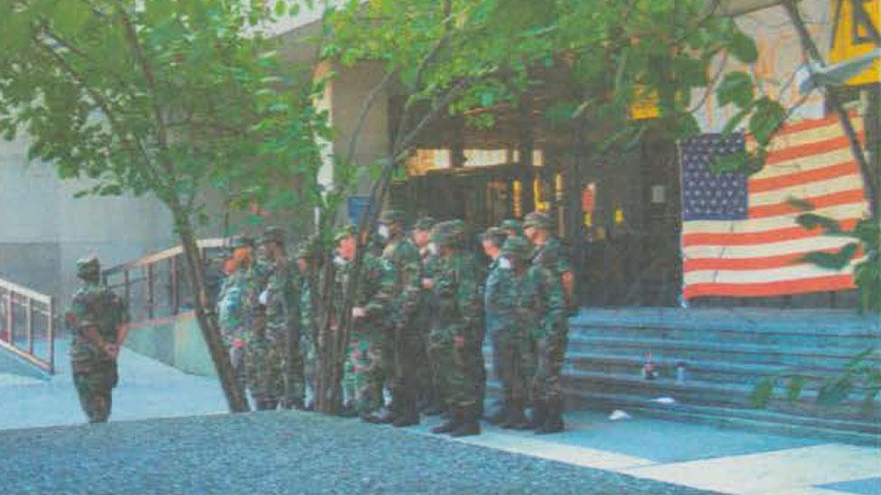 National Guardsmen outside of One Pace Plaza in 2001.