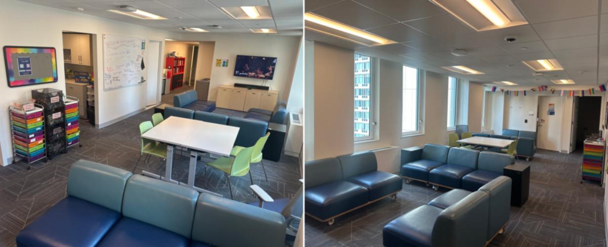 two photos of the The LGBTQA+ Center lounge with tables, sofas, and bookshelves