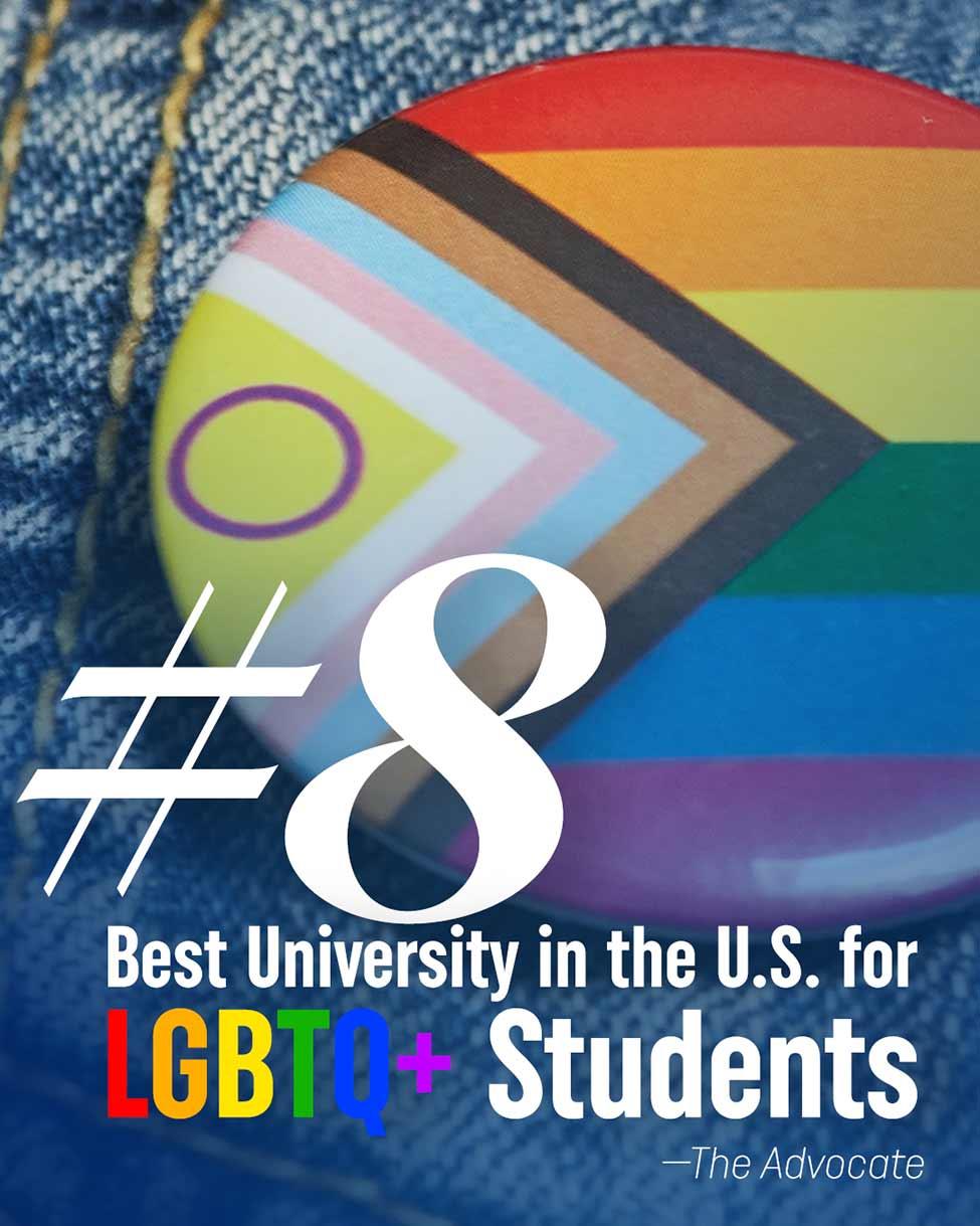 A #8 ranking on an image of an LGBTQA+ button on a denim jacket.