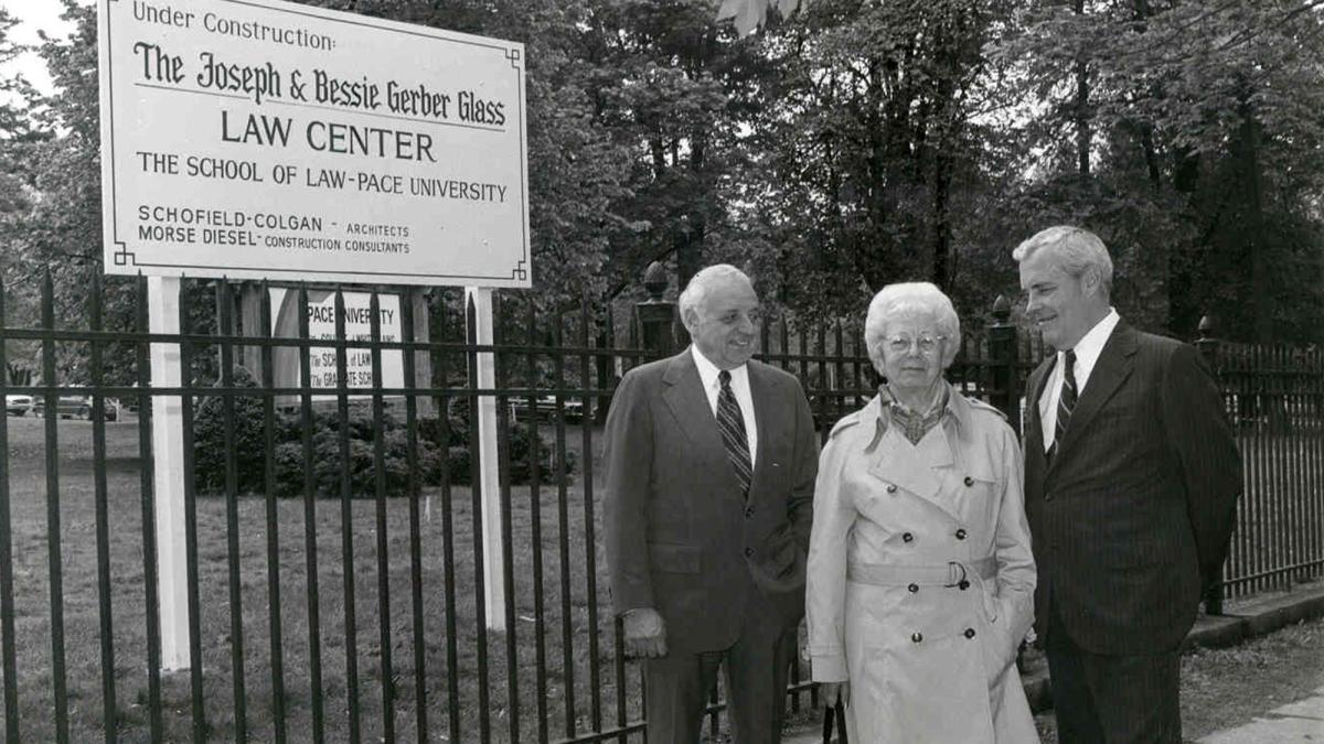 Donor Bessie Glass with  Mrs. Glass with Dr. Edward J. Mortola, Pace President and Robert Fleming, Law School Dean