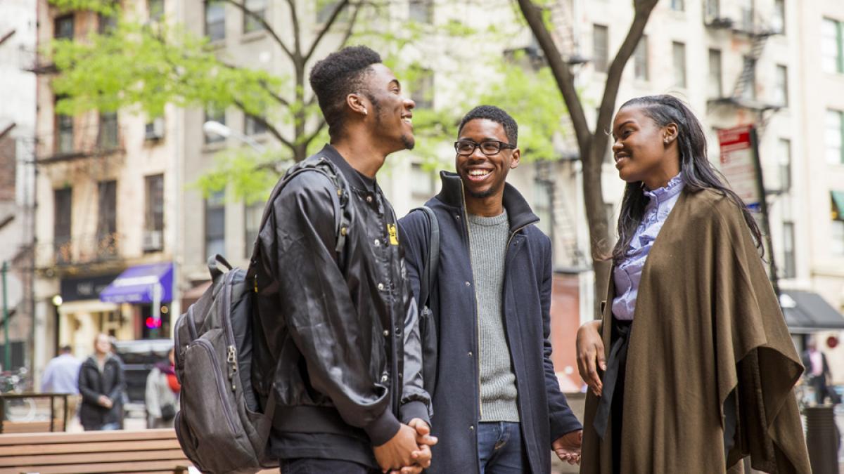 Students talking in downtown Manhattan.