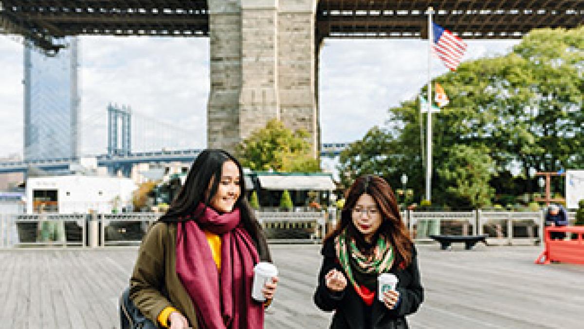 Students under the Brooklyn Bridge.