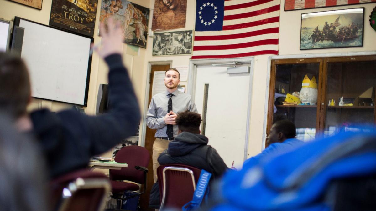 Pace student teaching a high school class.