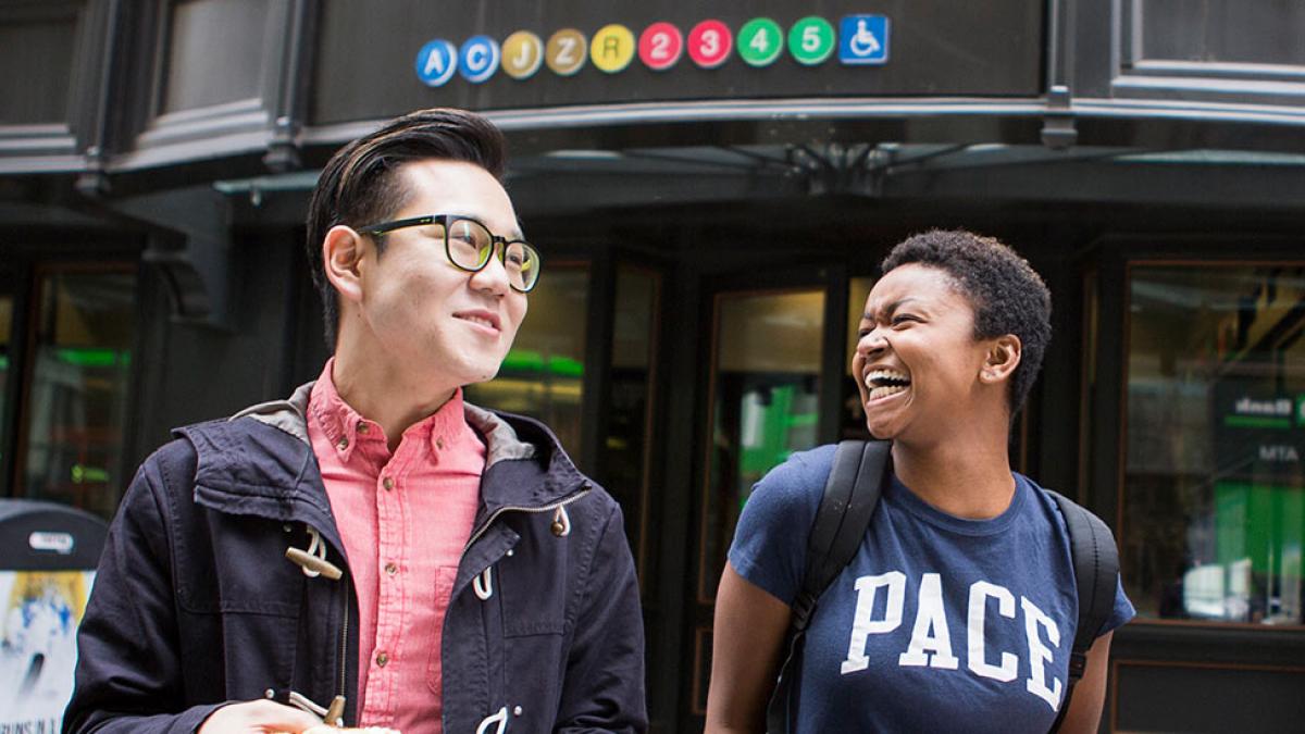 Students leaving a subway station in NYC.