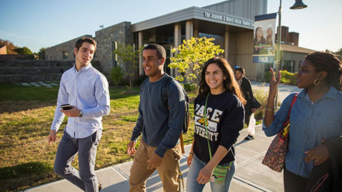 Students enjoying a sunny day on the Westchester campus.