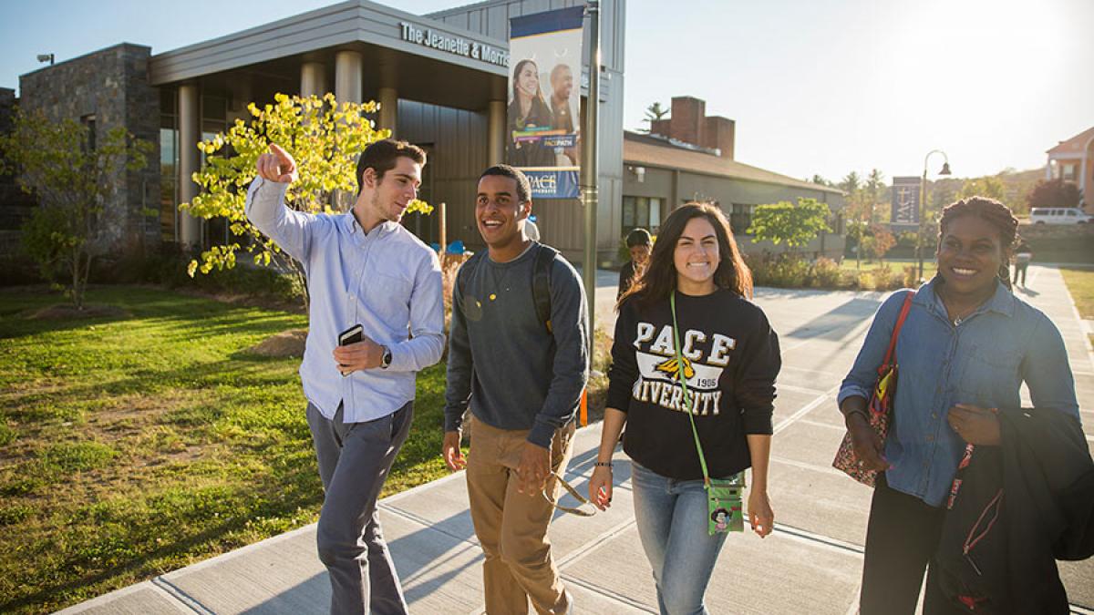 Westchester students walking in from of the Kessel Student Center on the Westchester campus.