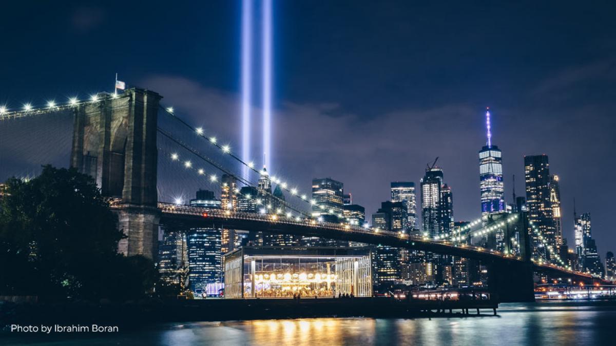 tribute in light over a dark manhattan skyline