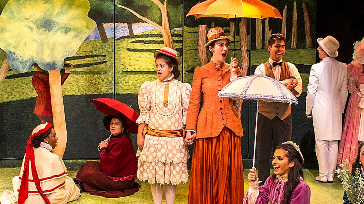 Musical theater students on stage in a production of Sunday