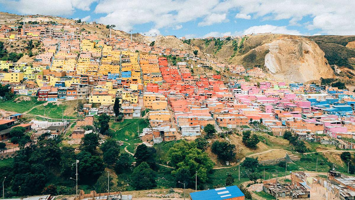 Birds eye shot of colorful homes in Colombia
