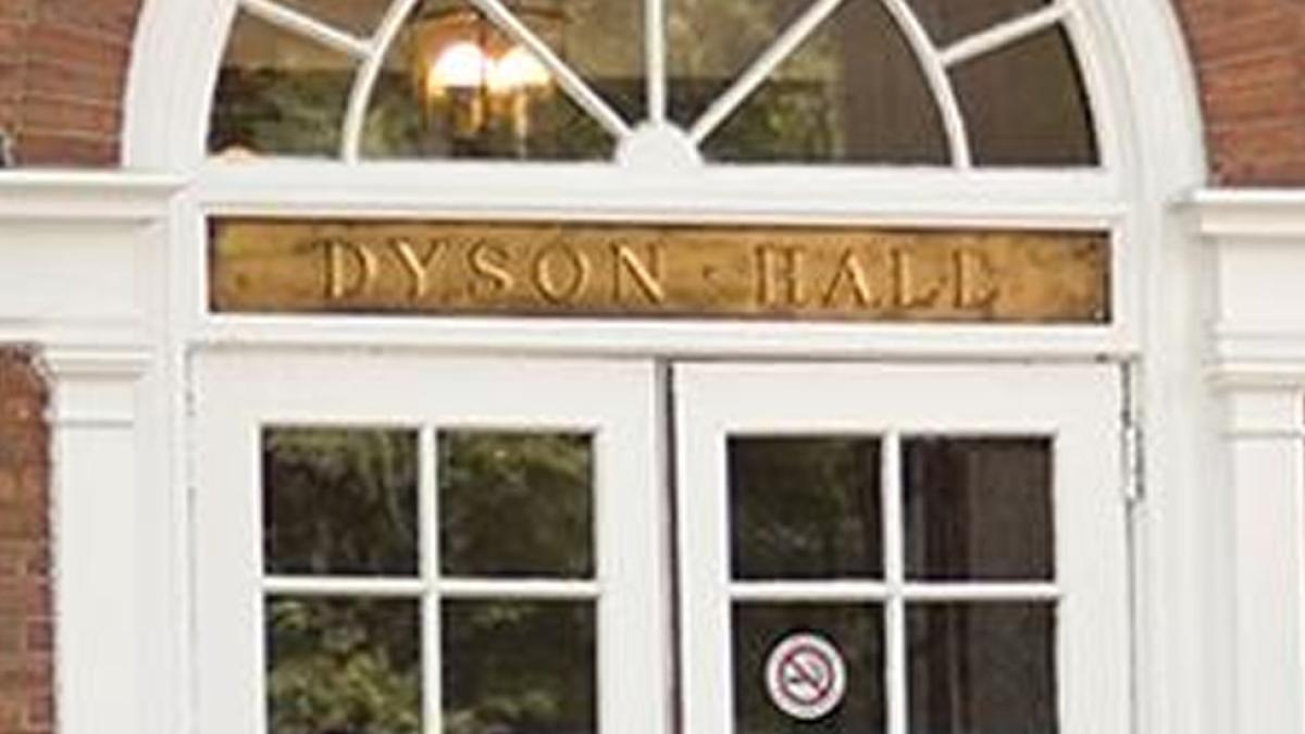 Plaque outside building above door reading "Dyson Hall" in Pleasantville 