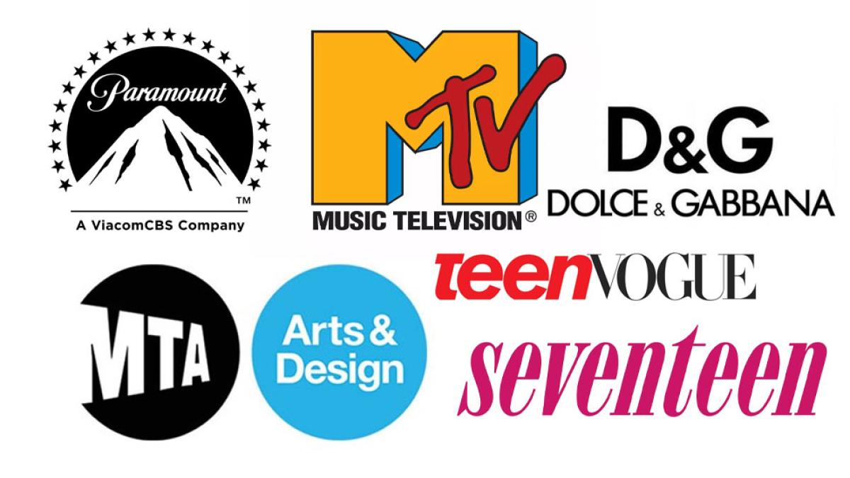 Logos for Paramount, MTV, Dolce & Gabbana, MTA, Teen Vogue, and Seventeen