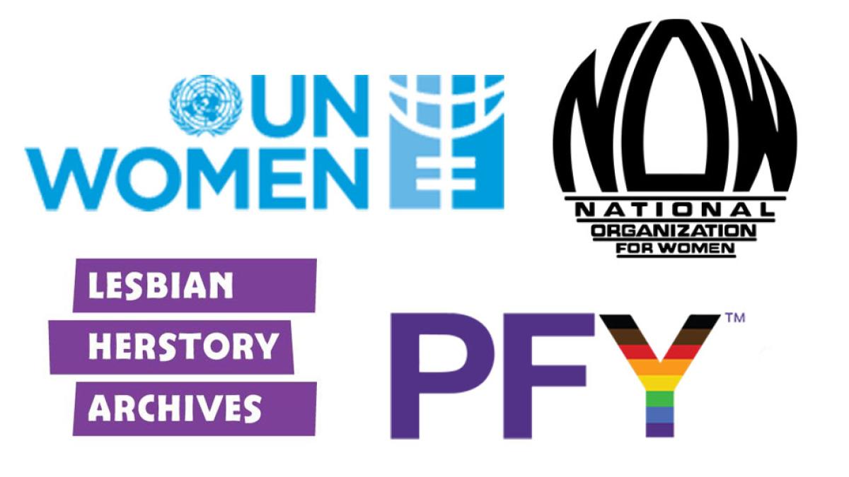 Logos for UN Women, NOW, Lesbian Herstory Achives, and PFY
