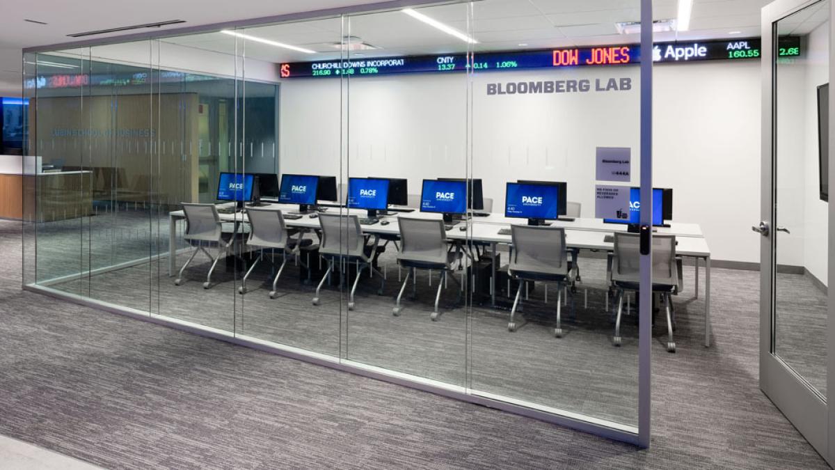 trading room housing the Global Portfolio Analysis Center on the New York City Campus of Pace University