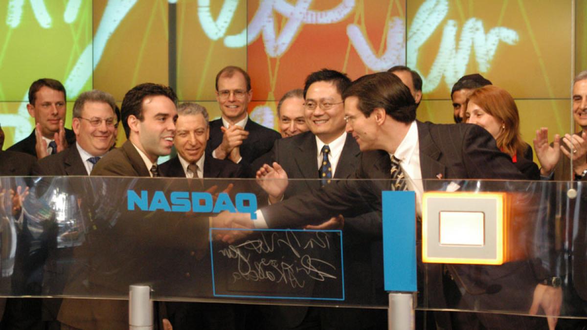 Lubin students ringing the NASDAQ bell to open the stock market