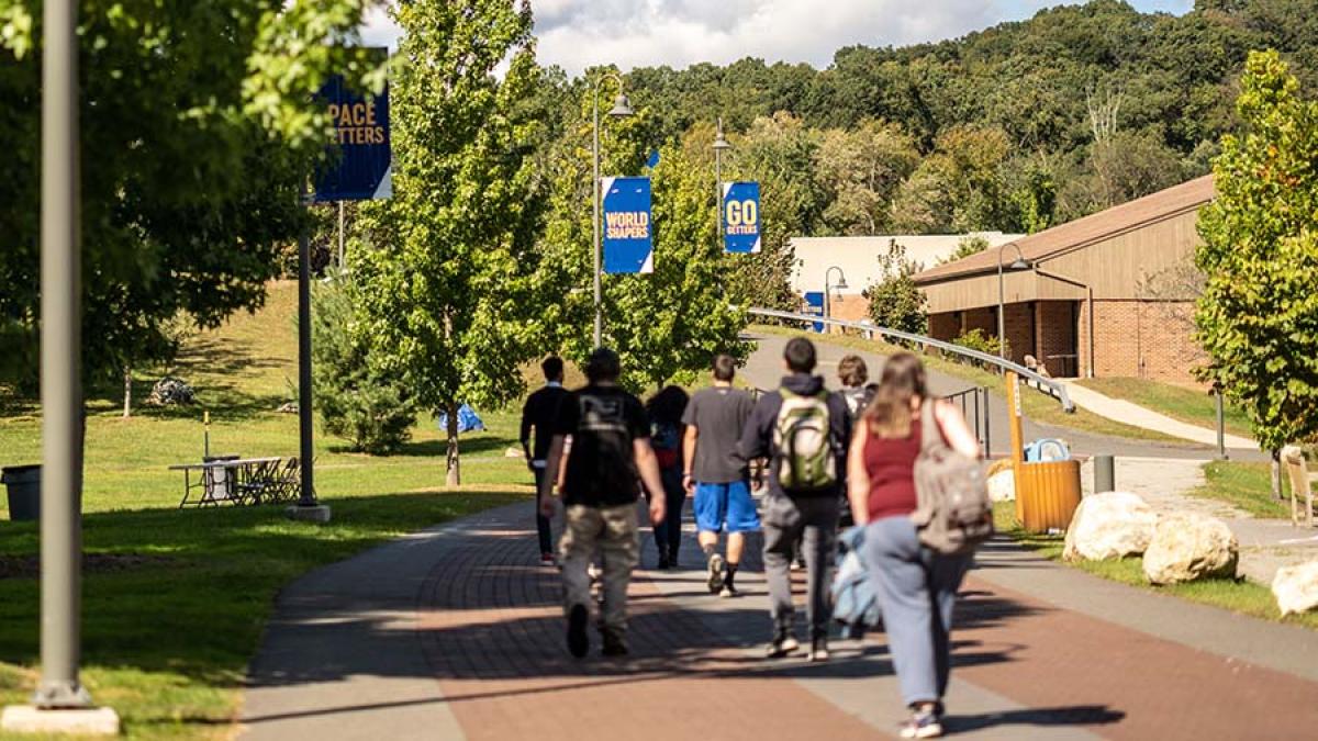 students walking on campus in Pleasantville