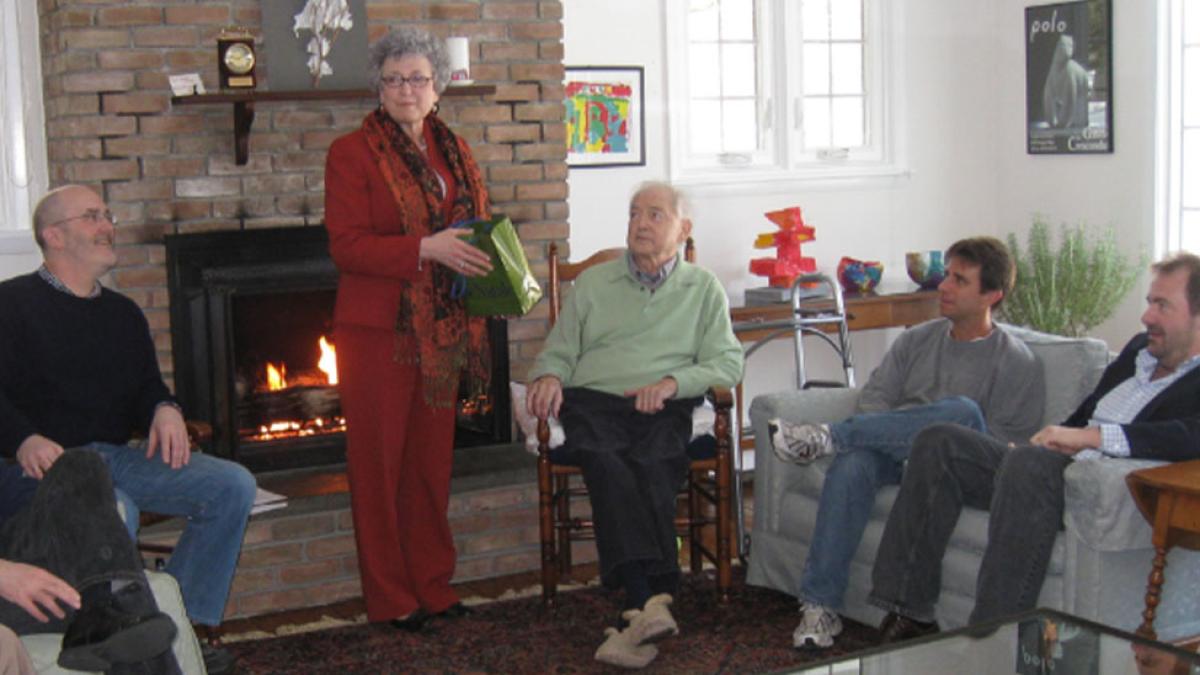 Pictured left to right: Denis McCauley, former Dean of Dyson College of Arts and Sciences Nira Herrmann, James Holmes, Howard Shanker and Paul Doty.