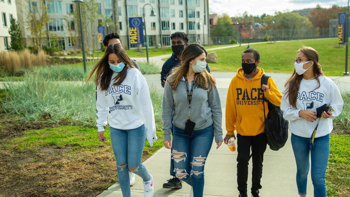 Students taking a walking tour on the Westchester campus.