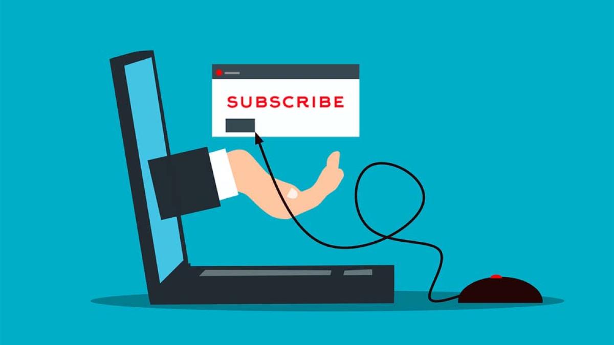 abstract graphic of a hand emerging from a laptop with the word "subscribe' illustrating the concept of subscription services
