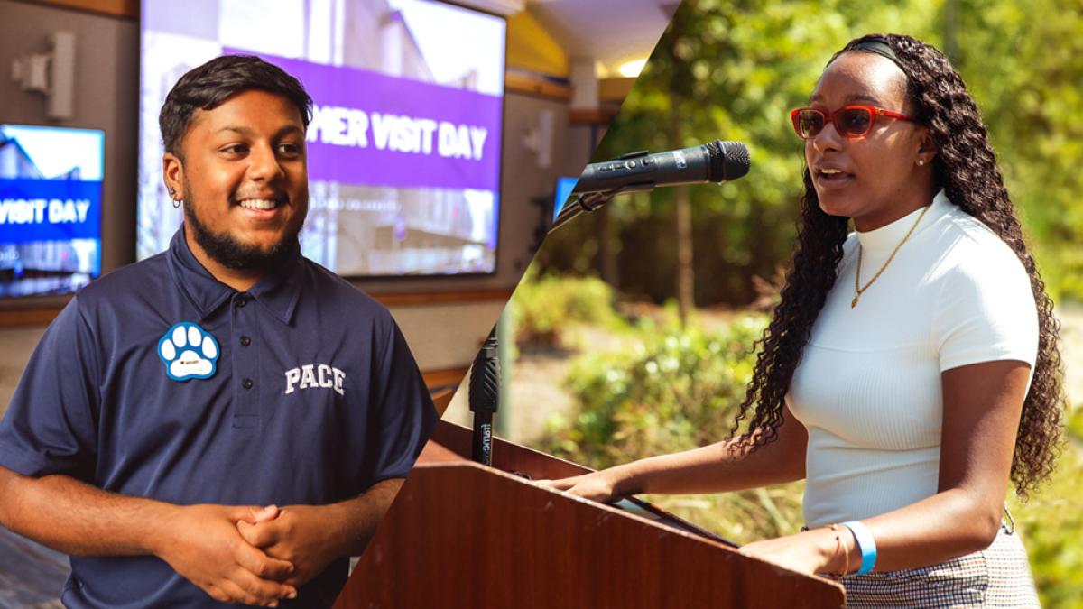 An image featuring a smiling Aman Islam and Kimberly Mars speaking at a podium