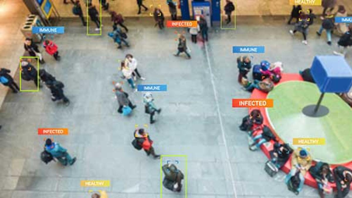 overhead view of people in a terminal with healthy or immune status listed