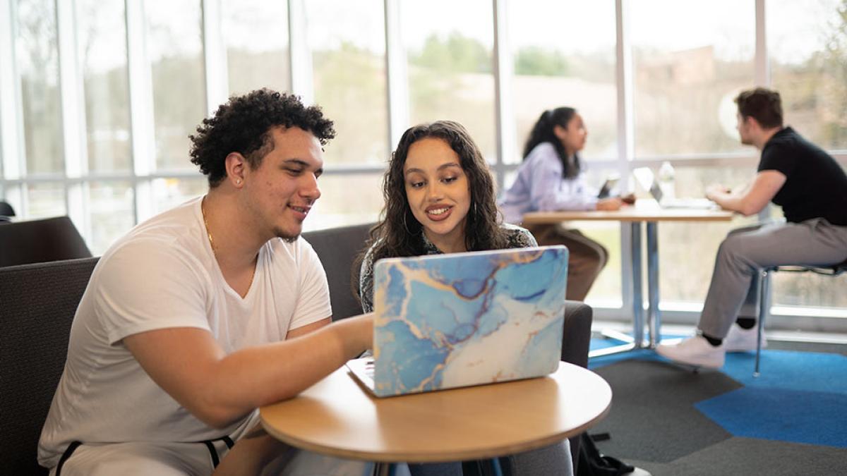 Two students sitting at a desk, working on a computer.