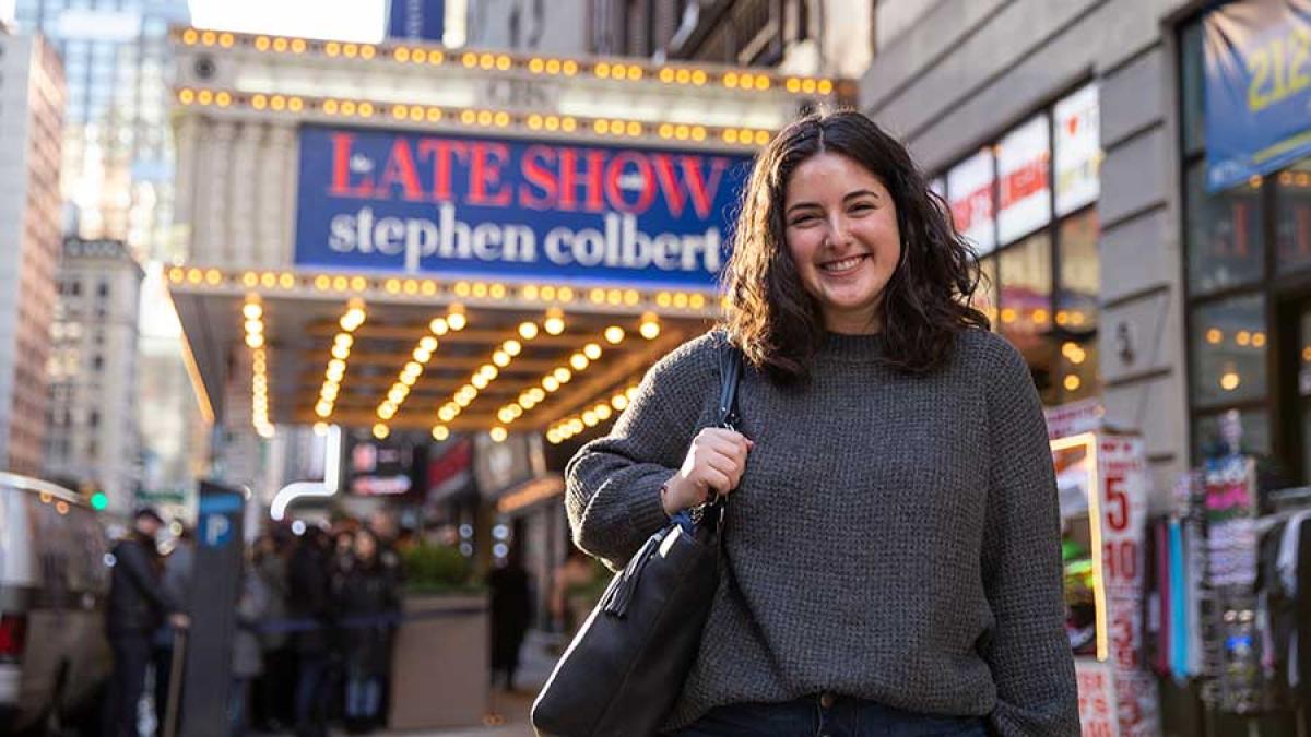 Pace student outside Late Show marquee