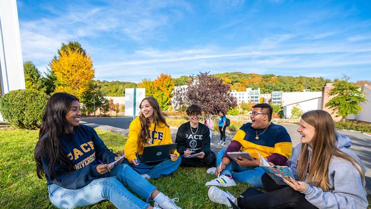 Students talking on lawn on Pace's Pleasantville Campus