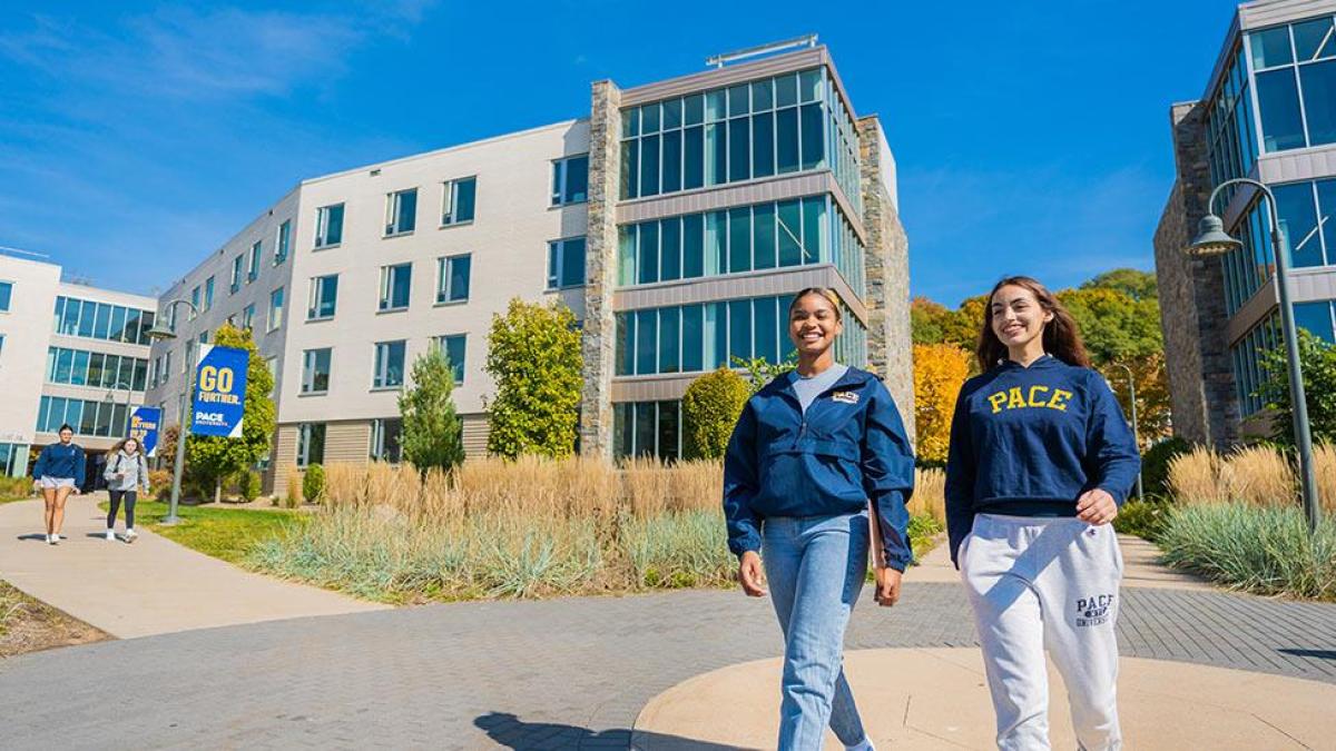 Students taking a walking tour of the Westchester campus.