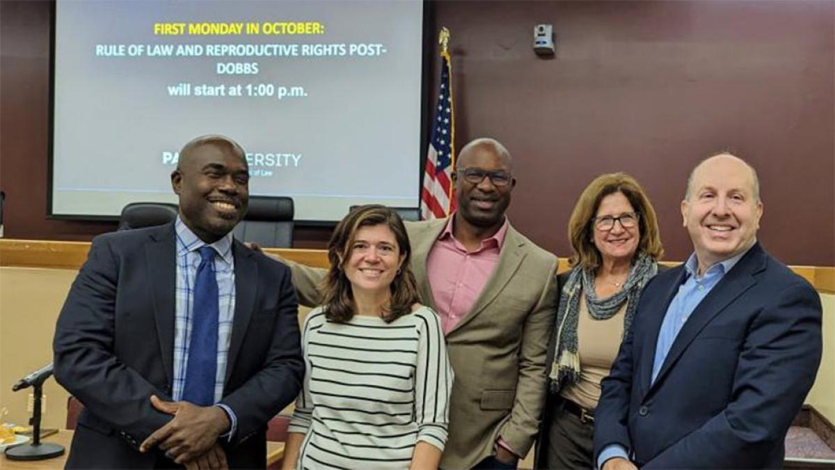 first monday panel - pictured Dean Anderson, Professor Waldman, Kulsoon Ijaz, Staff Attorney for the Center for Reproductive Rights, Mashayla Hays, Legal Counsel from The Lawyering Project. Pace President Marvin Krislov