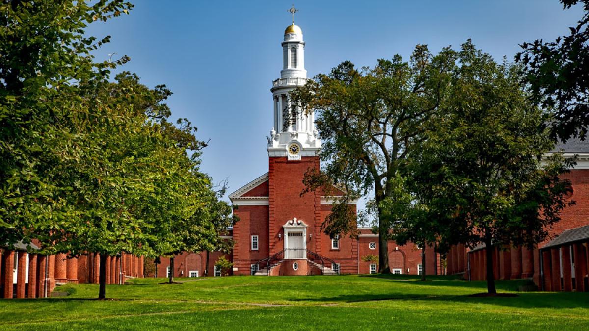 Tillman Hall clock tower with dome and cupola on the Old Campus of Yale University