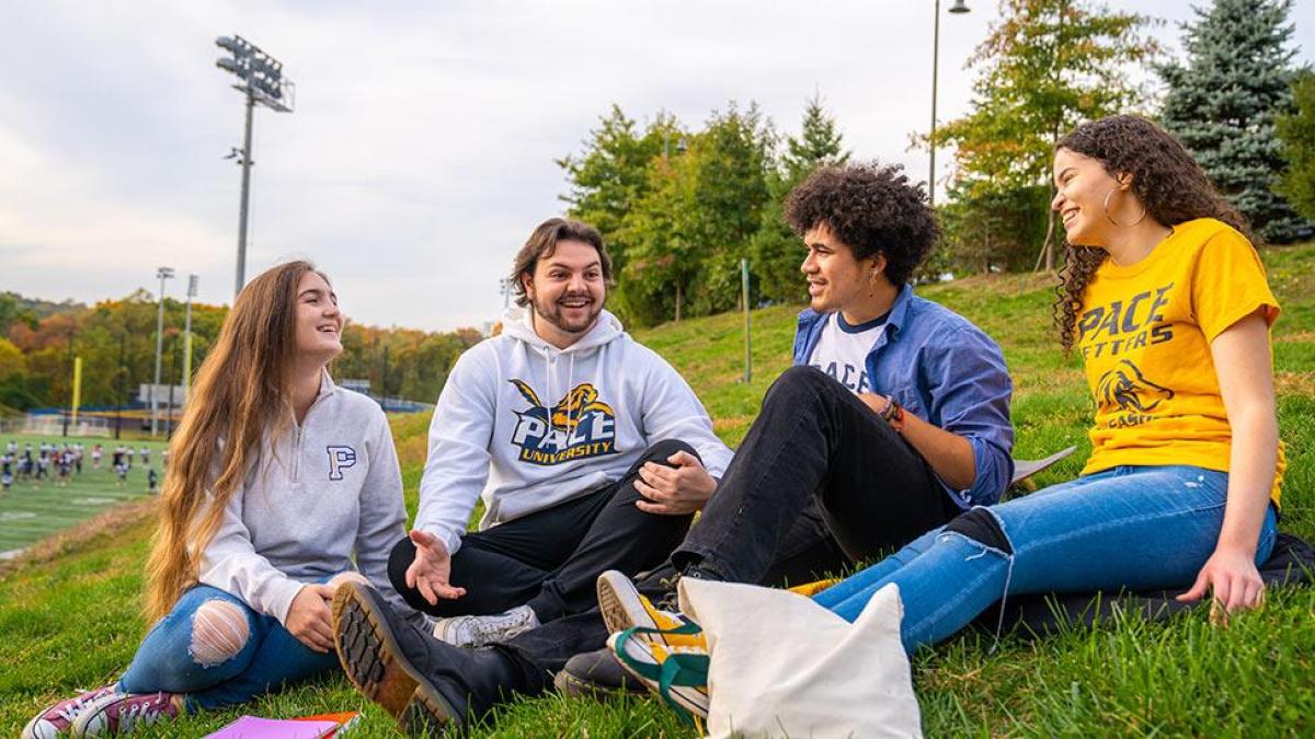 4 students sitting in the grass and talking 