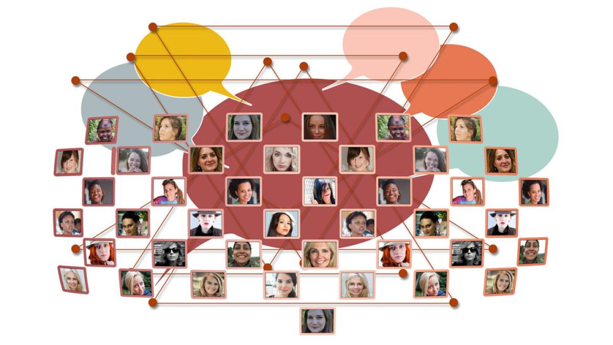 dozens of women's faces in small squares connected by lines against a background of speech bubbles representing the idea of a women's network
