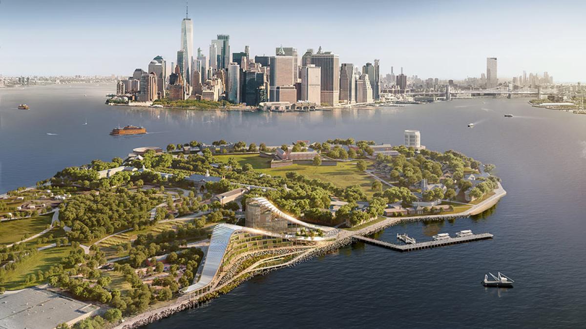 Aerial view of The Exchange, showing the iconic forms designed to evoke the dramatic landscapes and hills of Governors Island