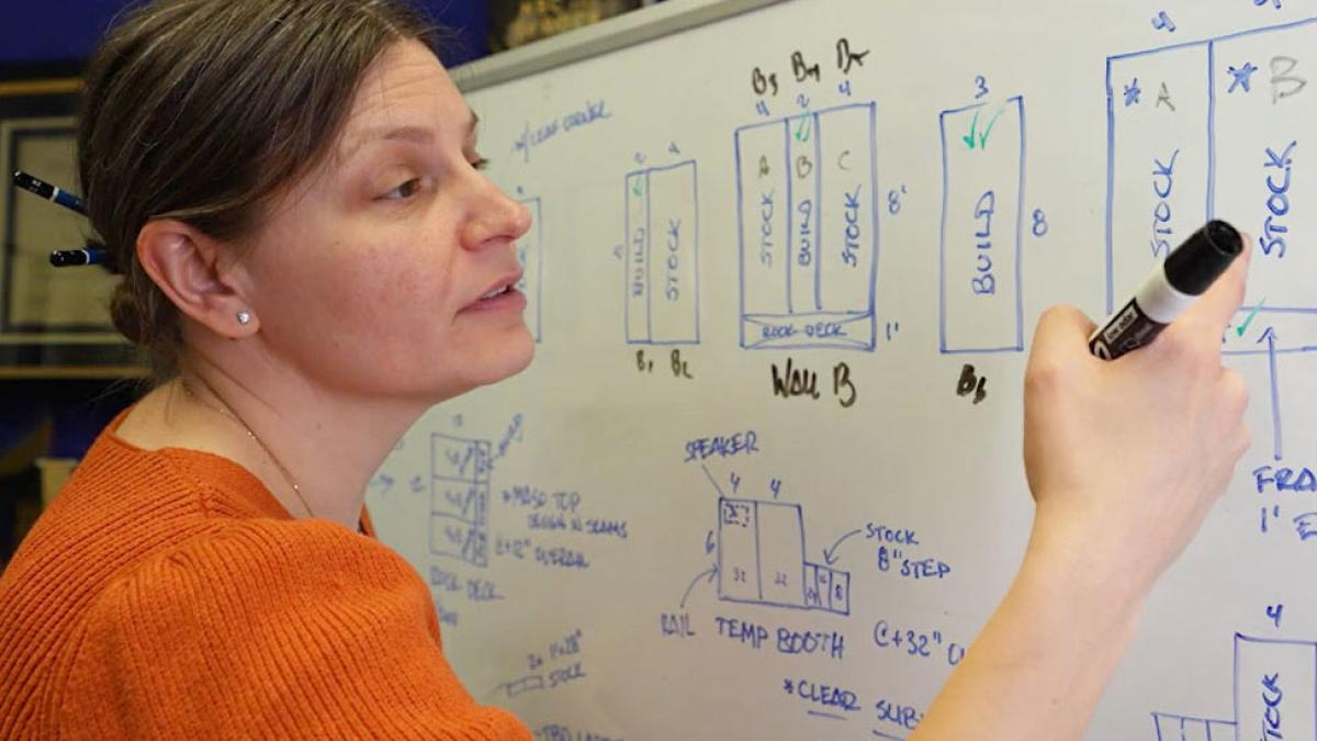 Pace University professor april bartlett writing on a white board