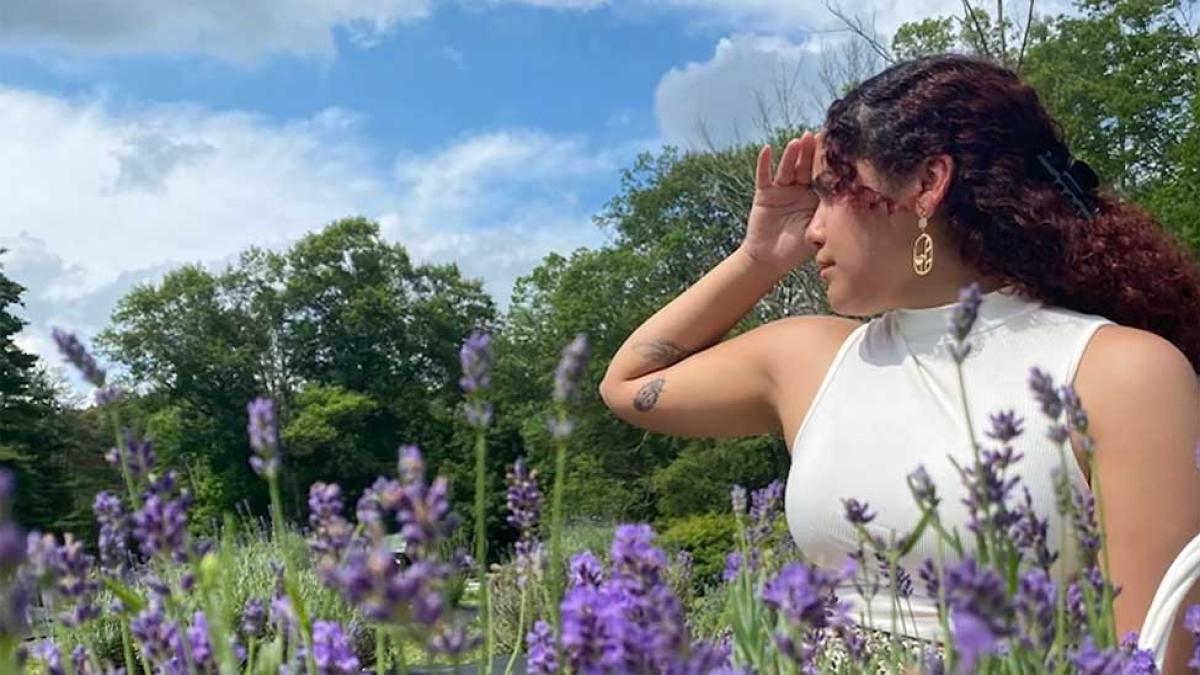 Pace student Madelyn Garcia in a lavender field