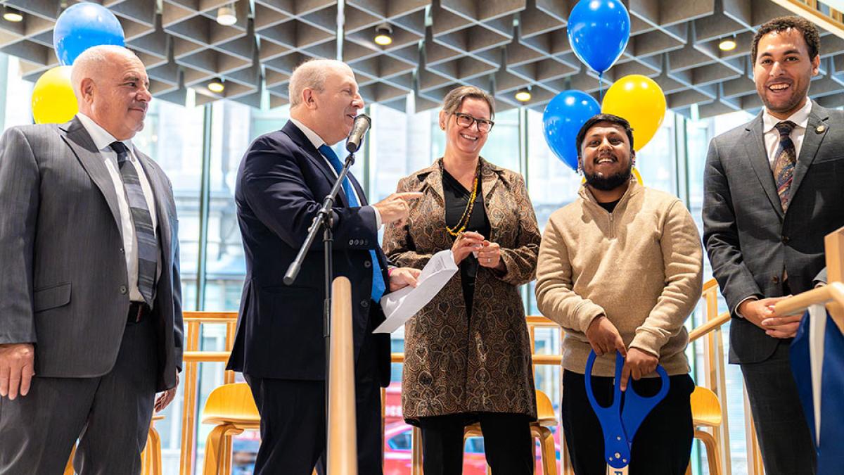 Rob Sands, President Marvin Krislov, Vice President Ibi Yolas, SGA President Aman Islam, and New York City Council Member Christopher Marte