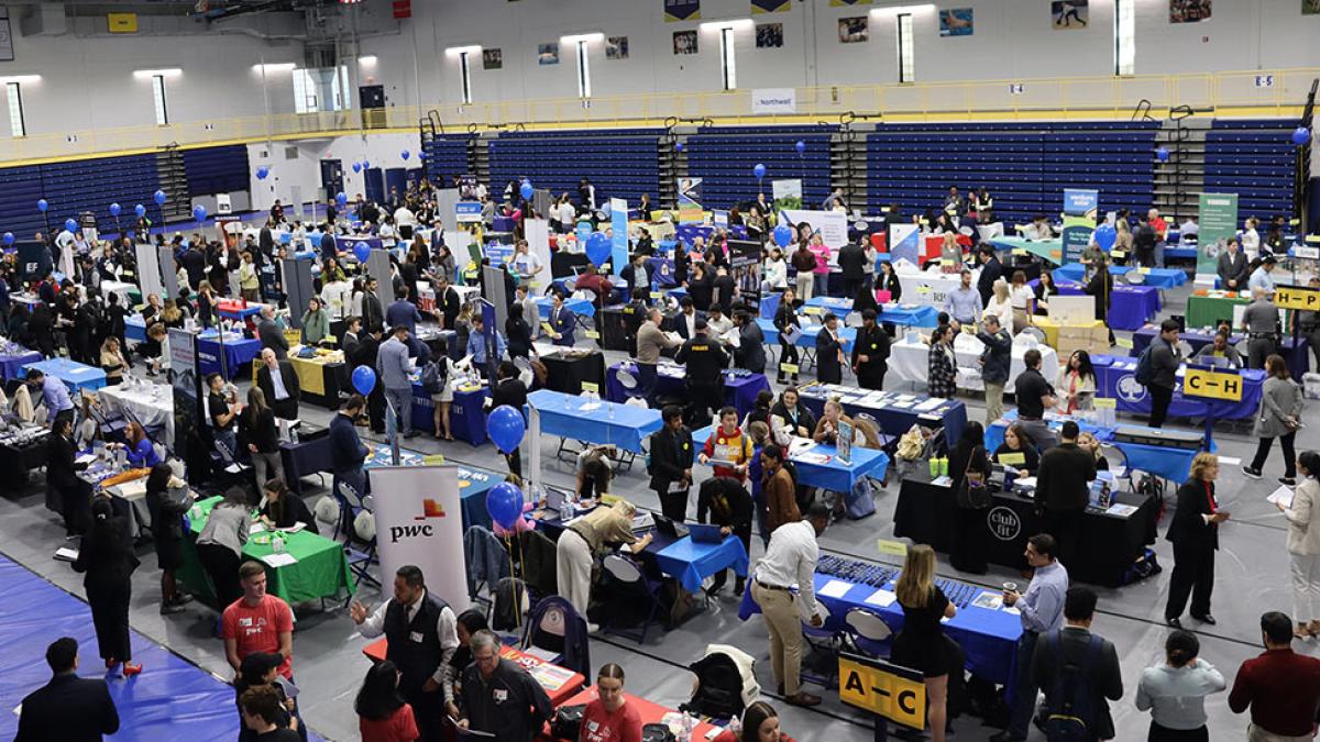 Pace University gymnasium set up for a job fair