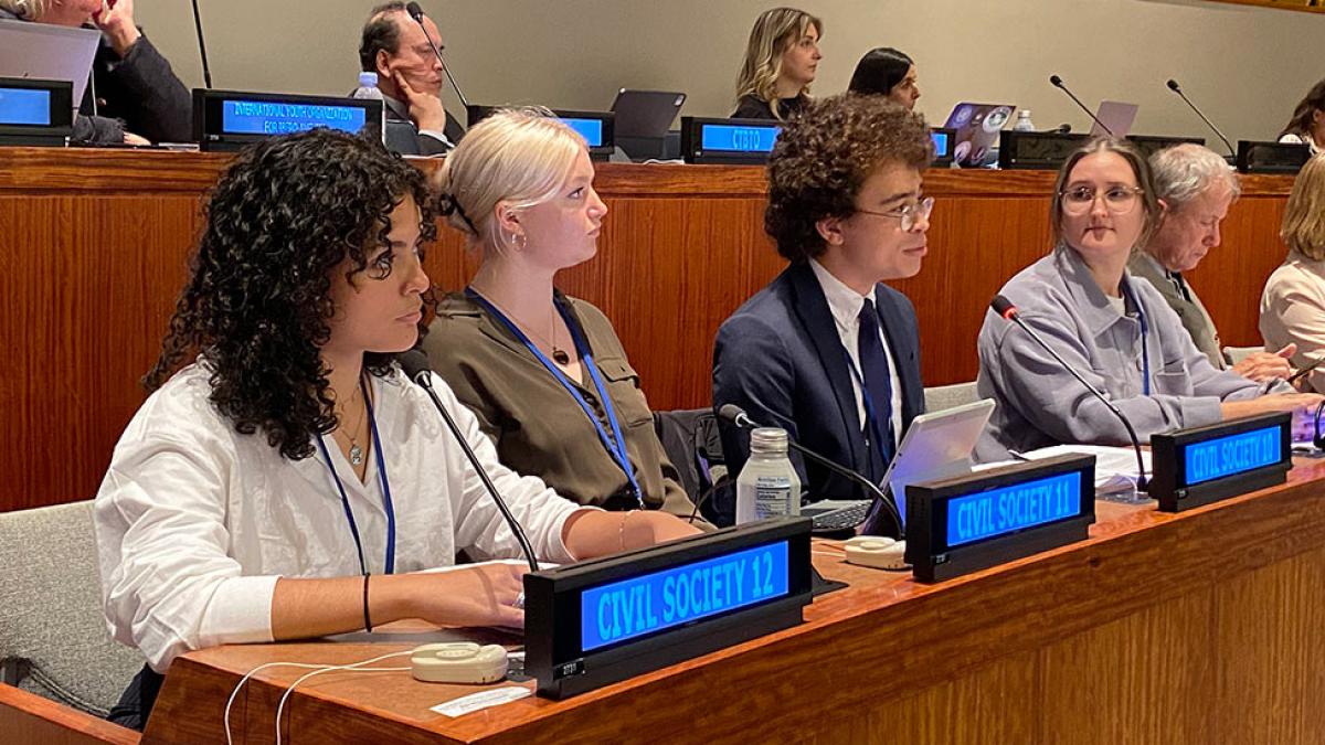 Pace University's Political Science and Peace and Justice Studies students Ellis Clay ‘25, Antje Hipkins ’24, and Jasmine Cintron Soto ’25 delivered statements to the United Nations General Assembly First Committee