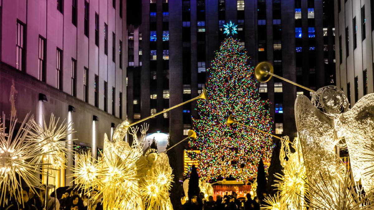 rockefeller center decorated for the winter holidays