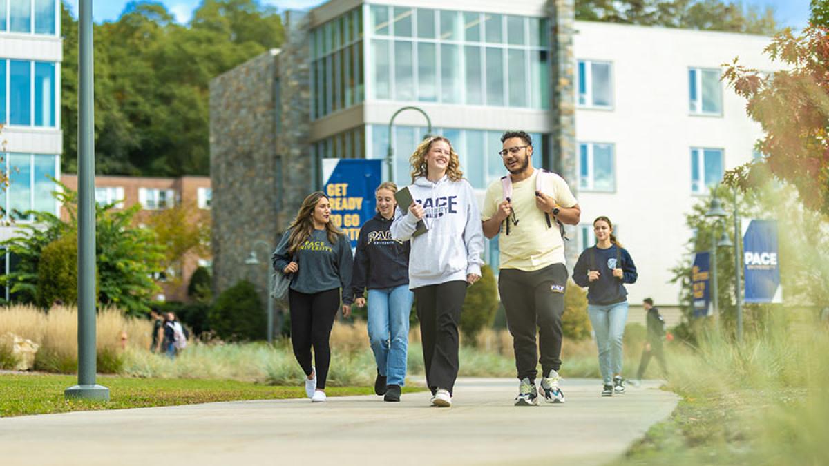 Pace students walking around the Pleasantville campus.