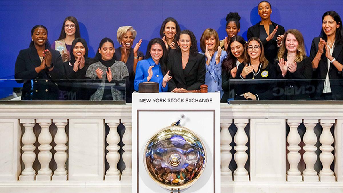 Group of Pace University Dyson College of Arts and Sciences students in the Womens Leadership Initiative at the Secret and Seneca Women gathering at the New York Stock Exchange