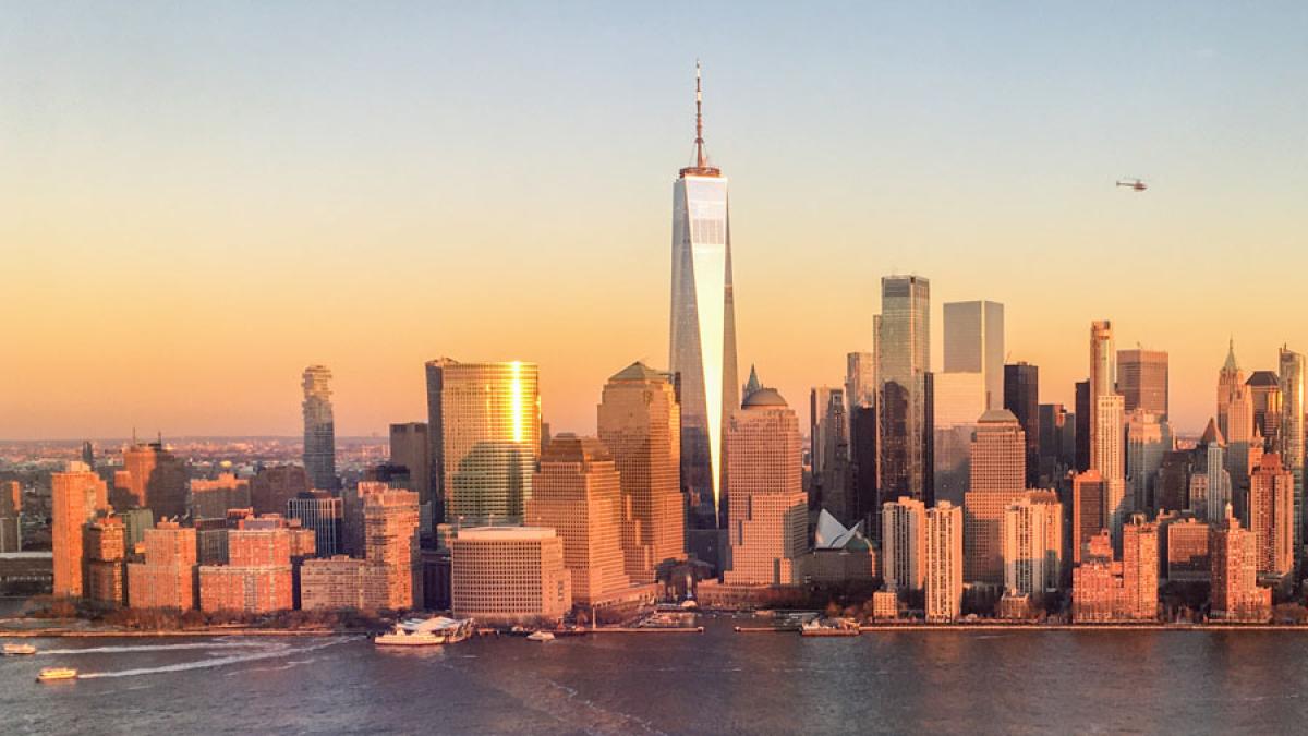 New York City Lower Manhattan skyline at dusk